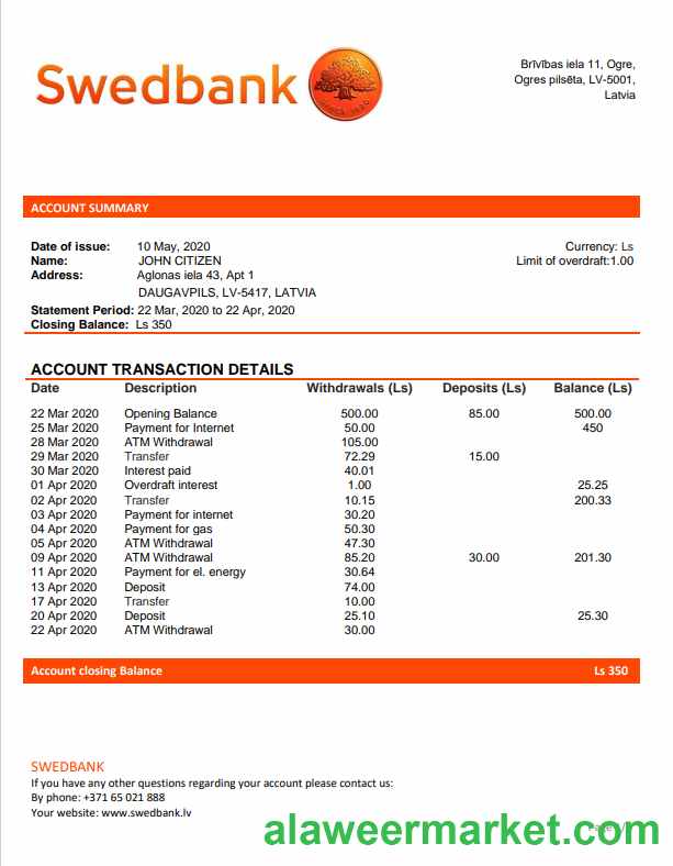 Latvia Swedbank bank statement template, Word and PDF format (.doc and .pdf)